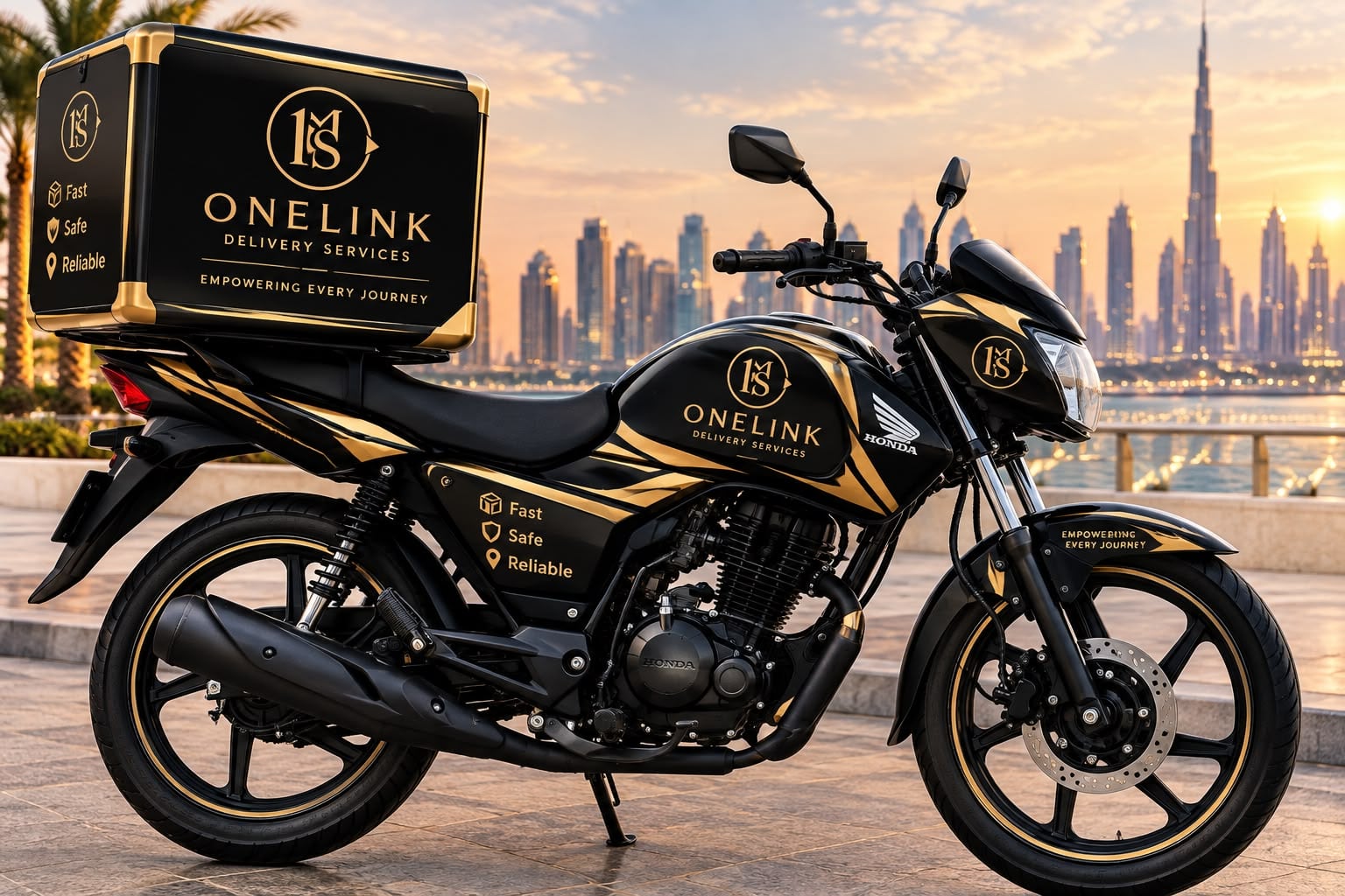 Black and gold OneLink delivery motorcycle with a cargo box in Dubai